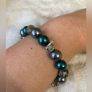Faux Pearls Beaded Bracelet Steel Blue Gray‎ Rhinestones